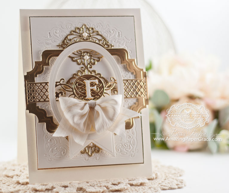 Monogram Card Making ideas by Becca Feeken using Spellbinders Floral Affair, Spellbinders Romantic Agenda, Spellbinders Elizabeth Border Strip, Spellbinders Classic Ovals LG, Spellbinders Belly Band One, Spellbinders Font One - Uppercase, Spellbinders Baby Buntings