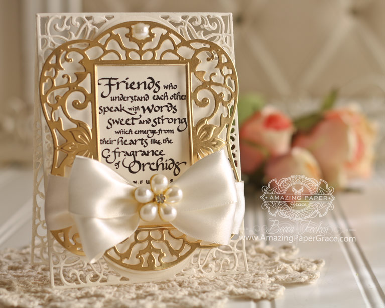 Friendship Card Making Ideas by Becca Feeken using Spellbinders Labels 54 Decorative Elements and Spellbinders A2 Divine Eloquence - see full supply list at www.amazingpapergrace.com